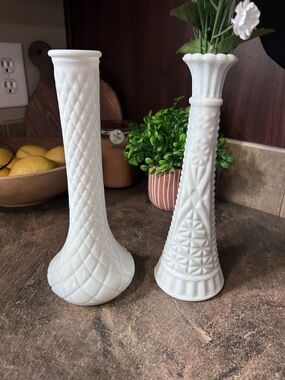 Anchor Hocking White Milk Glass Bud Vases - Textured Pair